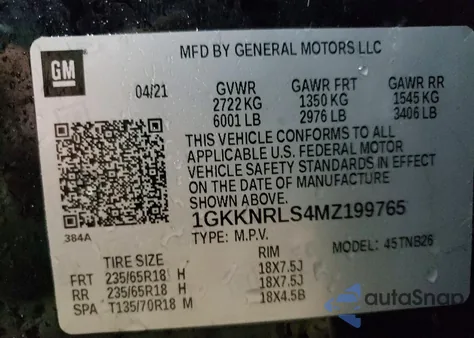 2021 GMC Acadia Sle z USA, uszkodzony, nr VIN 1GKKNRLS4MZ199765